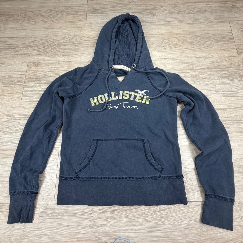 Hollister Womens Navy Blue Surf Team Graphic‎ Pullover Hoodie Size L Distressed
